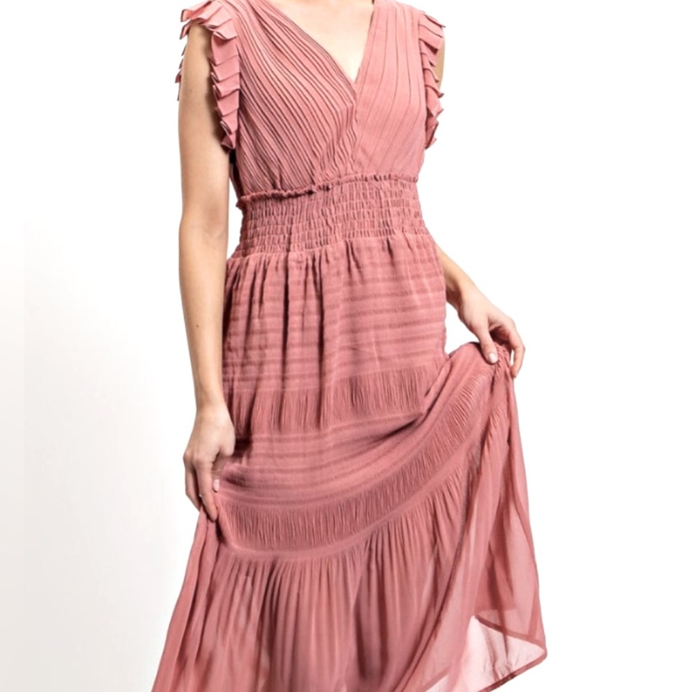 Dusty Rose Pleated Tie Back Midi Dress - Picture 1 of 2
